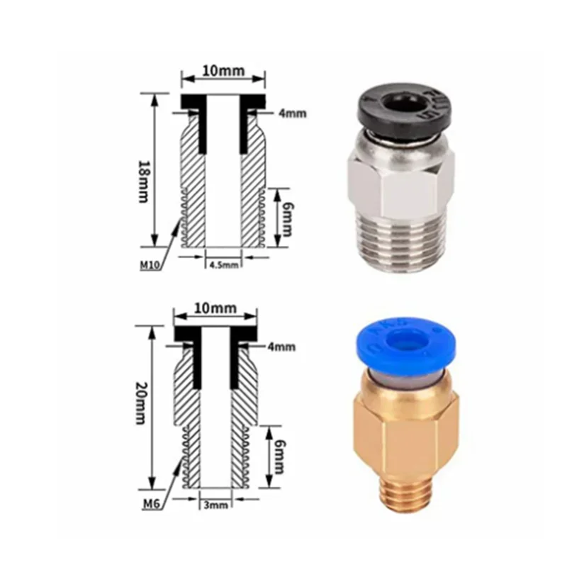 10pcs Pneumatic Connectors For 3D Printers Parts PC4 M6 M10 Quick Jointer Coupler 1.75/3mm Pipe Fittings PTFE Tube 2/4mm