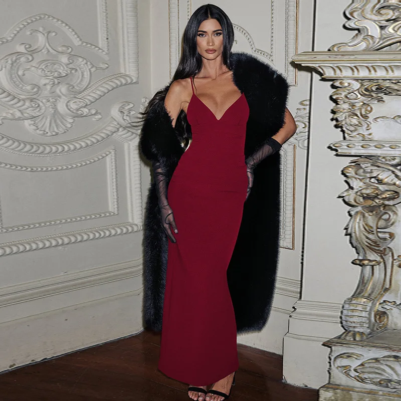 暗号化ネックスカーフリボン付きスリップマキシドレス、女性用プロムガウン、エレガントなクラブパーティースリーブレススリットドレス、ボディコン服