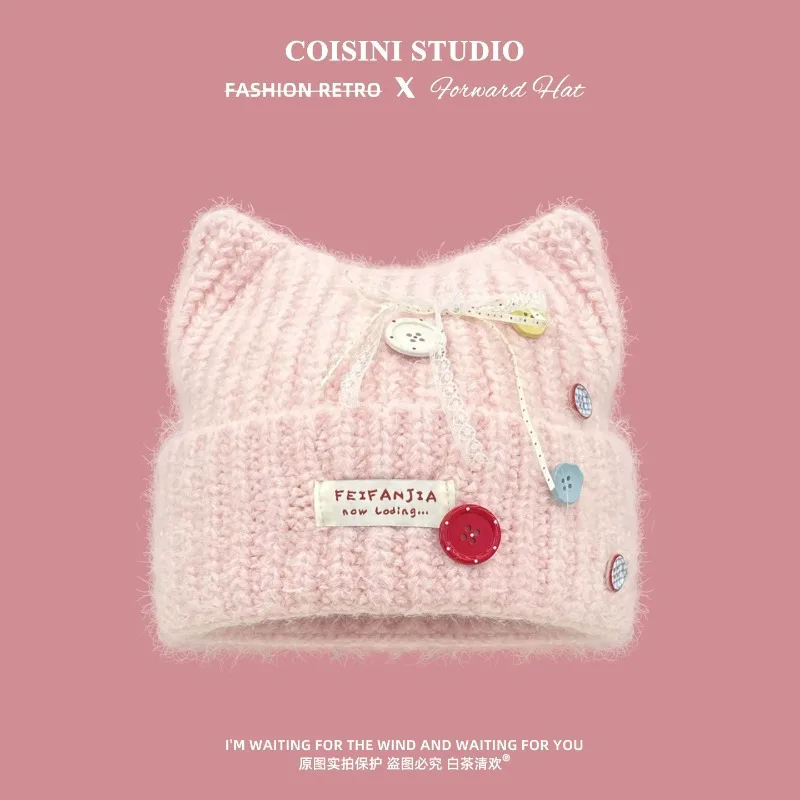 Y2K Cute Cat Ear Knit Beanies for Women Soft Fuzzy Yarn Colorful Buttons Lace Bow Patch Cuffed Skull Cap Winter Warm Headwear