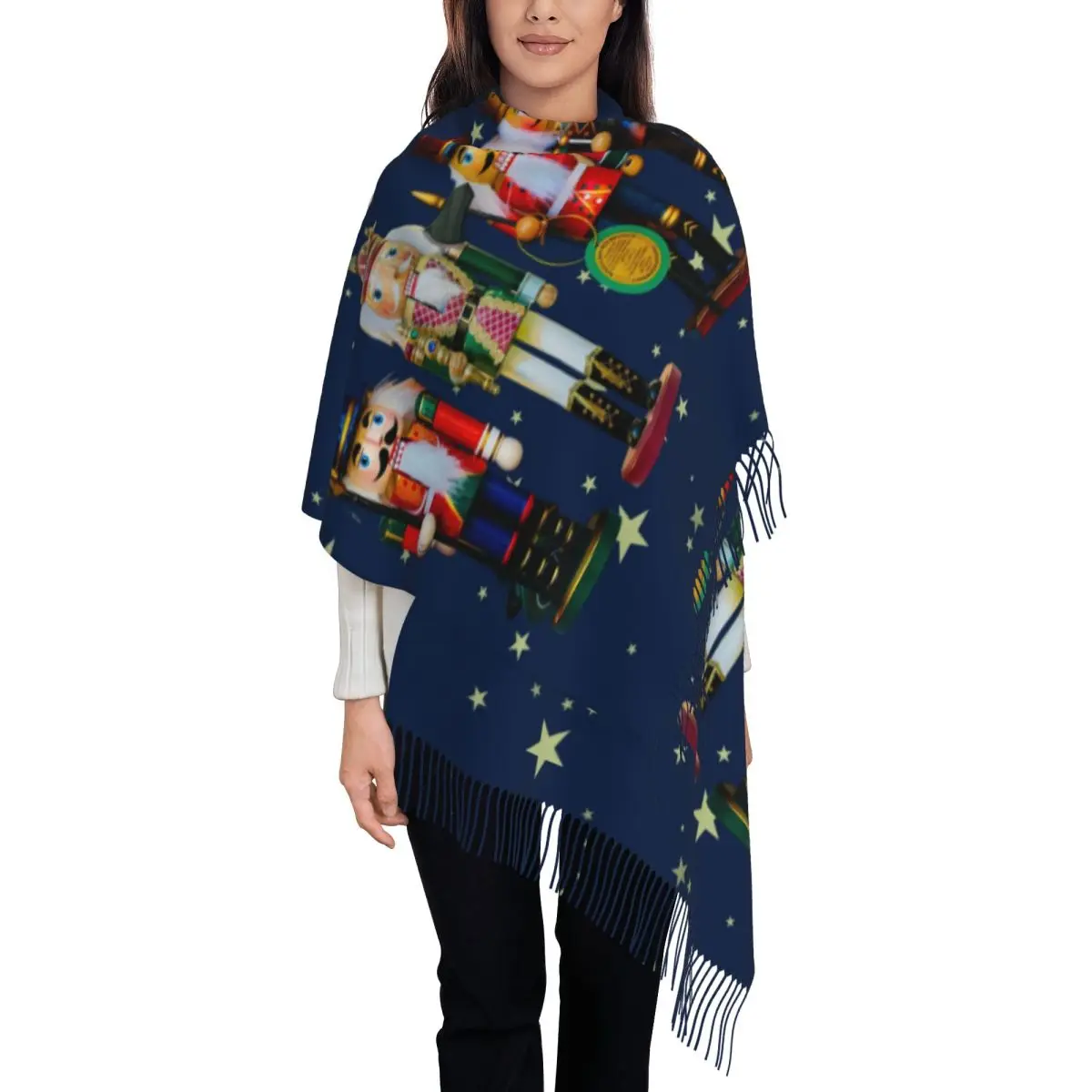 

Праздничный шарф «Щелкунчики» на заказ, длинный зимне-осенний теплый шарф с кисточками, унисекс, рождественский Щелкунчик, мультяшные игрушечные шарфы-солдат