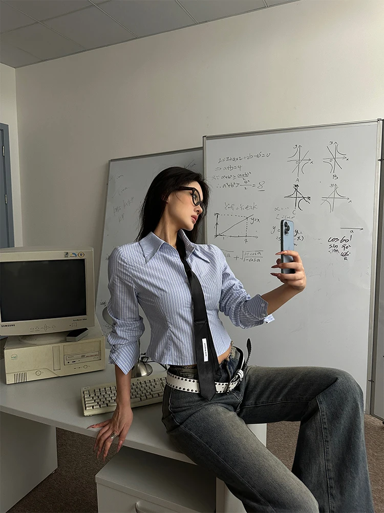 

HYTEMOLY Хлопковая пиqué ort irt Женская облегающая талия с завязками в полоску Long Sve irt Французская устойчивая к рукам одежда