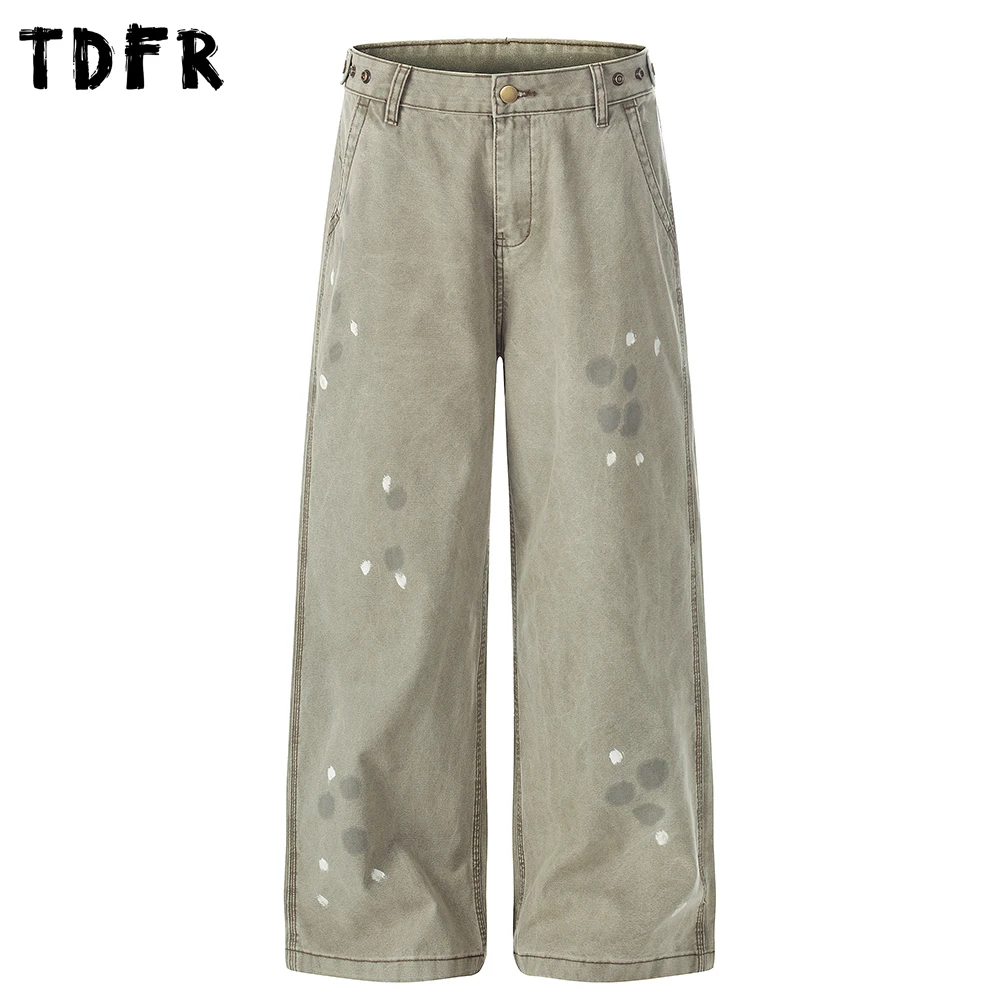 

Splash Ink Cargo Pants Mens Pocket Retro Casual Washed Distressed Baggy Straight Wide Leg Trousers Man