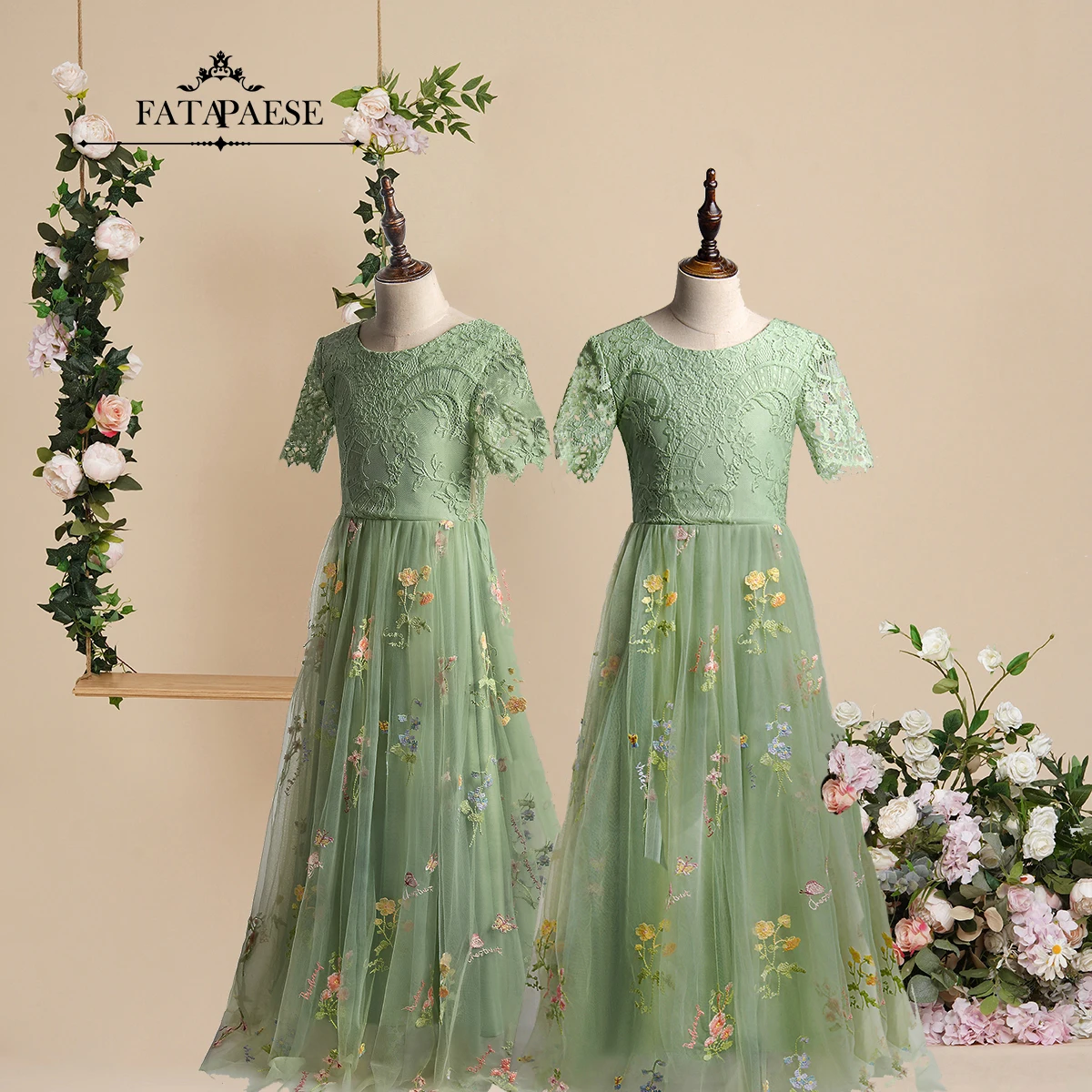 FATAPAESE Floral Embroidered Fairy Flower Girl Dress Lace V-back with Lovely Scalloped Edges Tulle  Skirt Junior Bridesmaid Gown