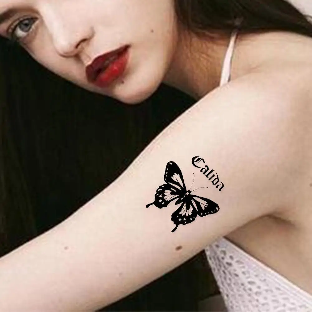 Tatuaje temporal a prueba de agua pegatina duradera 3D flor negra mariposa Natural chica cuerpo pecho mujeres parche tatuaje falso arte Ha X5E5