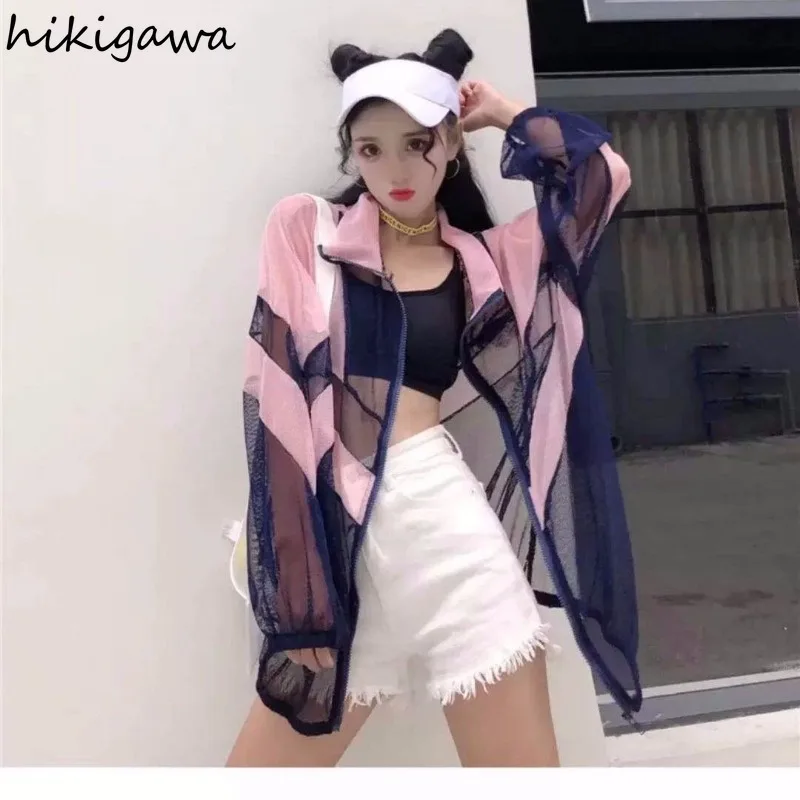 Harajuku Streetwear Jackets Women\'s Clothing 2024 Ropa Mujer Patchwork Gauze Fashion Casual Outwear See Through Y2k Coats Tops