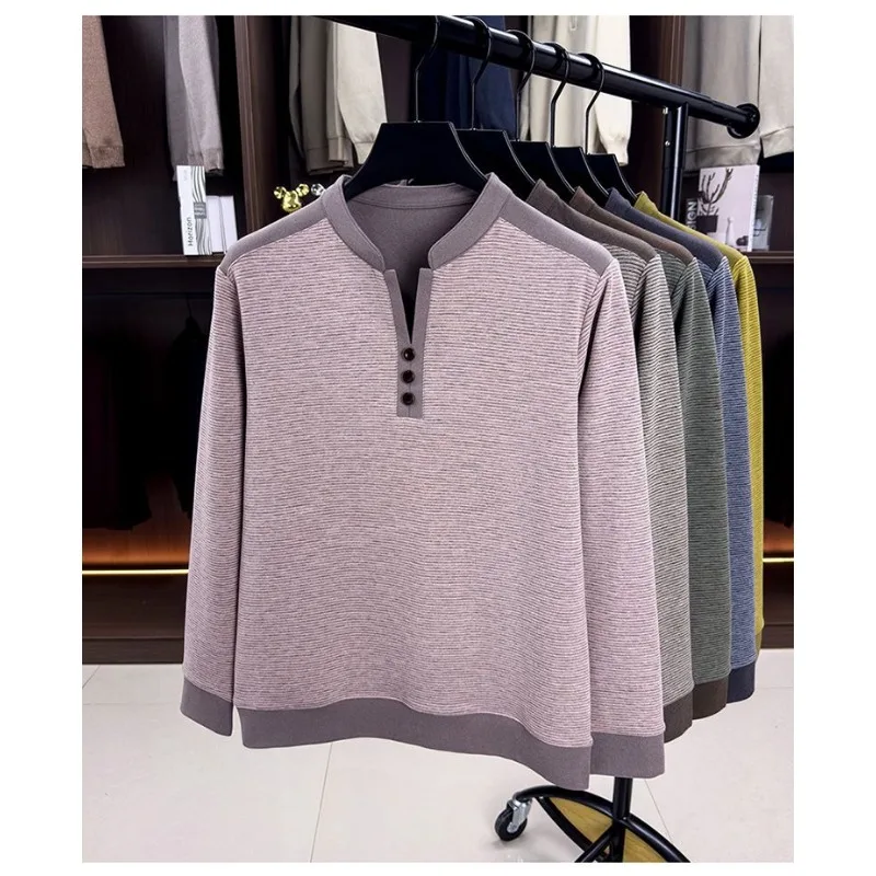 Men Autumn Textured Henley Collar Long Sleeve Shirt Three Button Warm Fleece Casual Pullover Tops