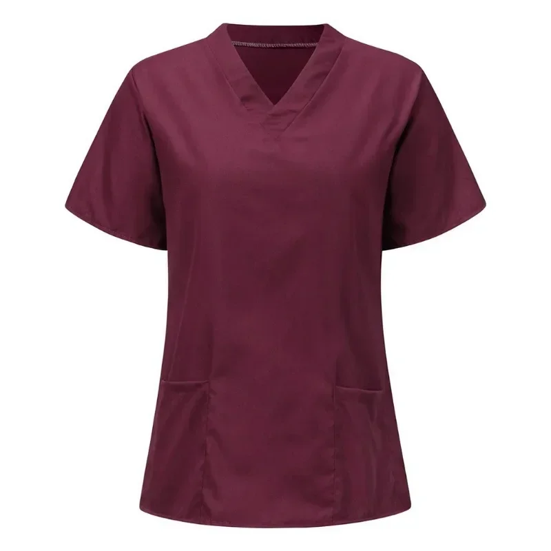 Short Sleeve Solid Nurse Uniform V-Neck Beauty Salon Overalls Clinic Carer Healthcare Tunic Women Patchwork Pocket Scrub Tops