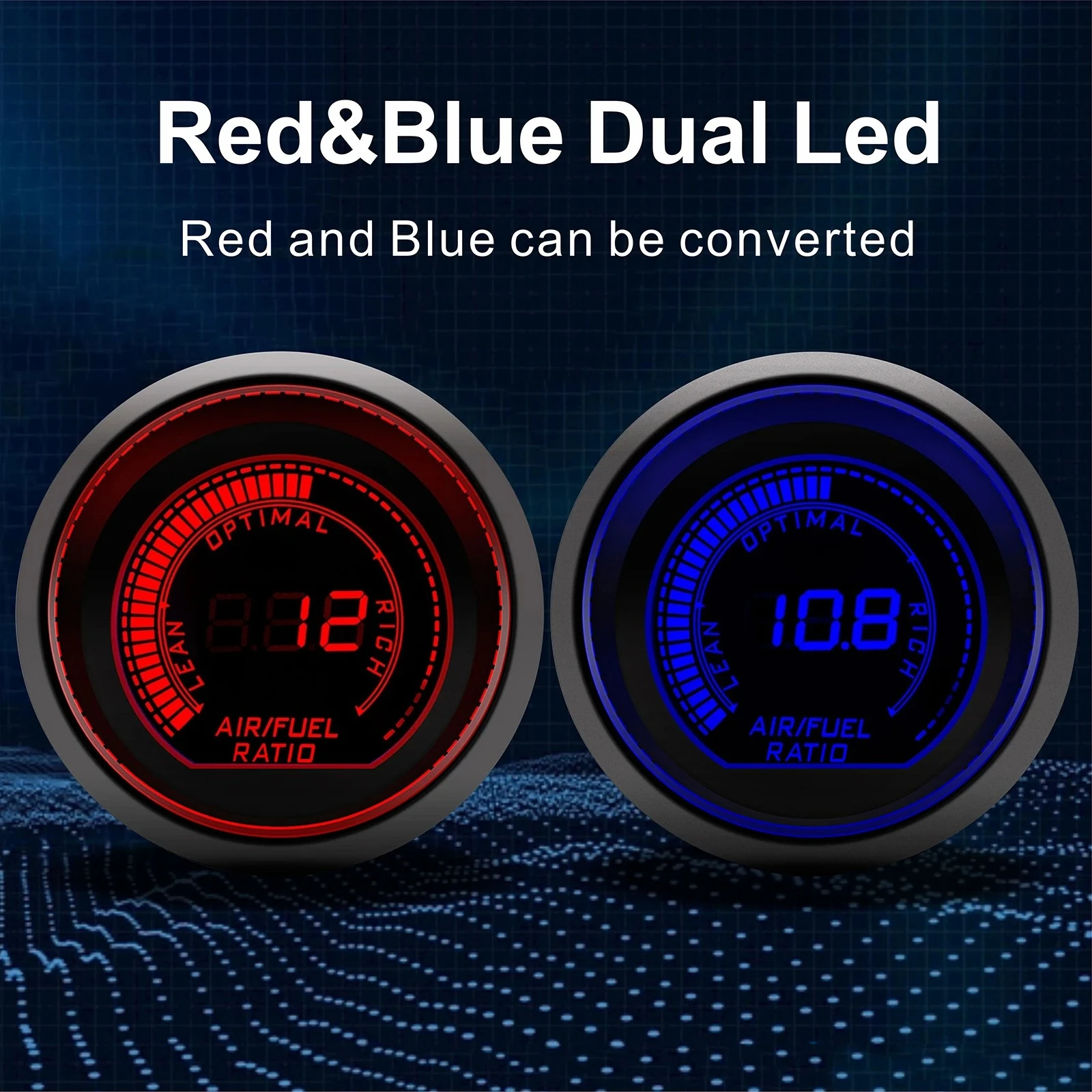 52mm Air Fuel Ratio Gauge With Dual Red/Blue LED & Narrowband O2 Sensor – MAIMEIMI