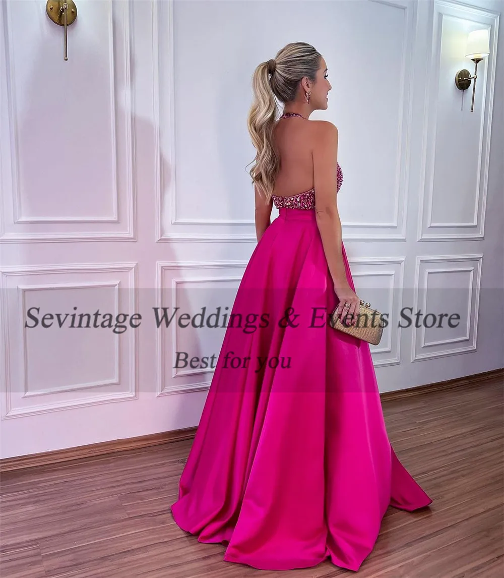 Sevintage Mature Fuchsia Satin Prom Gowns Halter Sequineds A-Line Pleat Ruched Backless Party Dresses Evening Gowns Outfits 2023