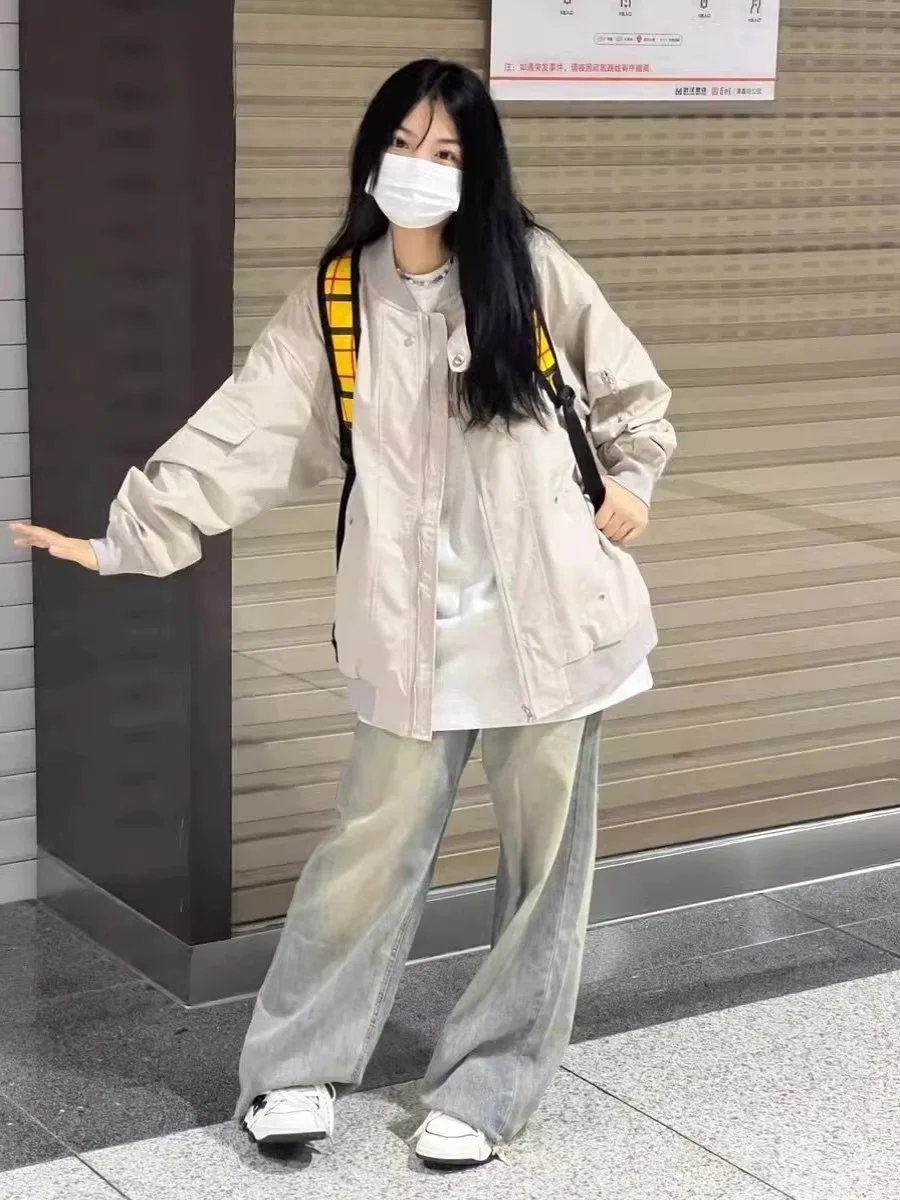 Giacca Baseball Coreana da Donna Primavera Autunno Vestibilità Ampia Tuta da Volo Capospalla Alla Moda Cappotto Lungo per Coppie