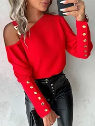 Women's Sexy Cold Shoulder Button Decor Ong Sleeve Blouse Top Autumn Winter Fashion Red Black Casual Blouses Tops Y2K Clothes