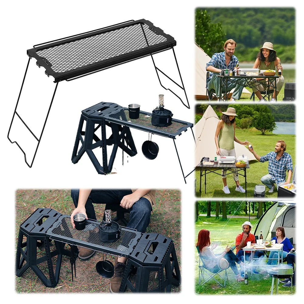 Outdoor Folding Table Multifunctional Folding Grid Table Side Hanging Table Camping Table Iron Storage Rack Picnic BBQ Travel