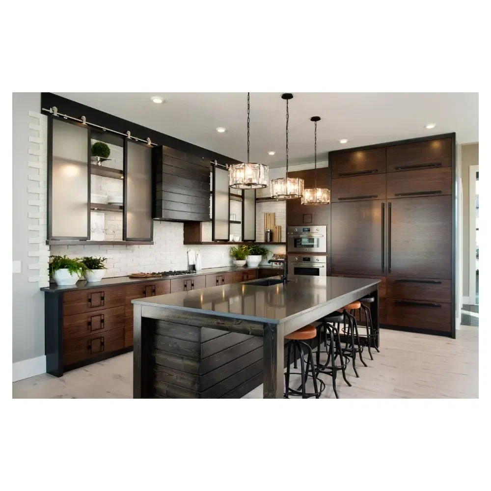 High Gloss Lacquer Luxury Kitchen Cabinets - Custom L-Shape + Island + Quartz Stone Countertop