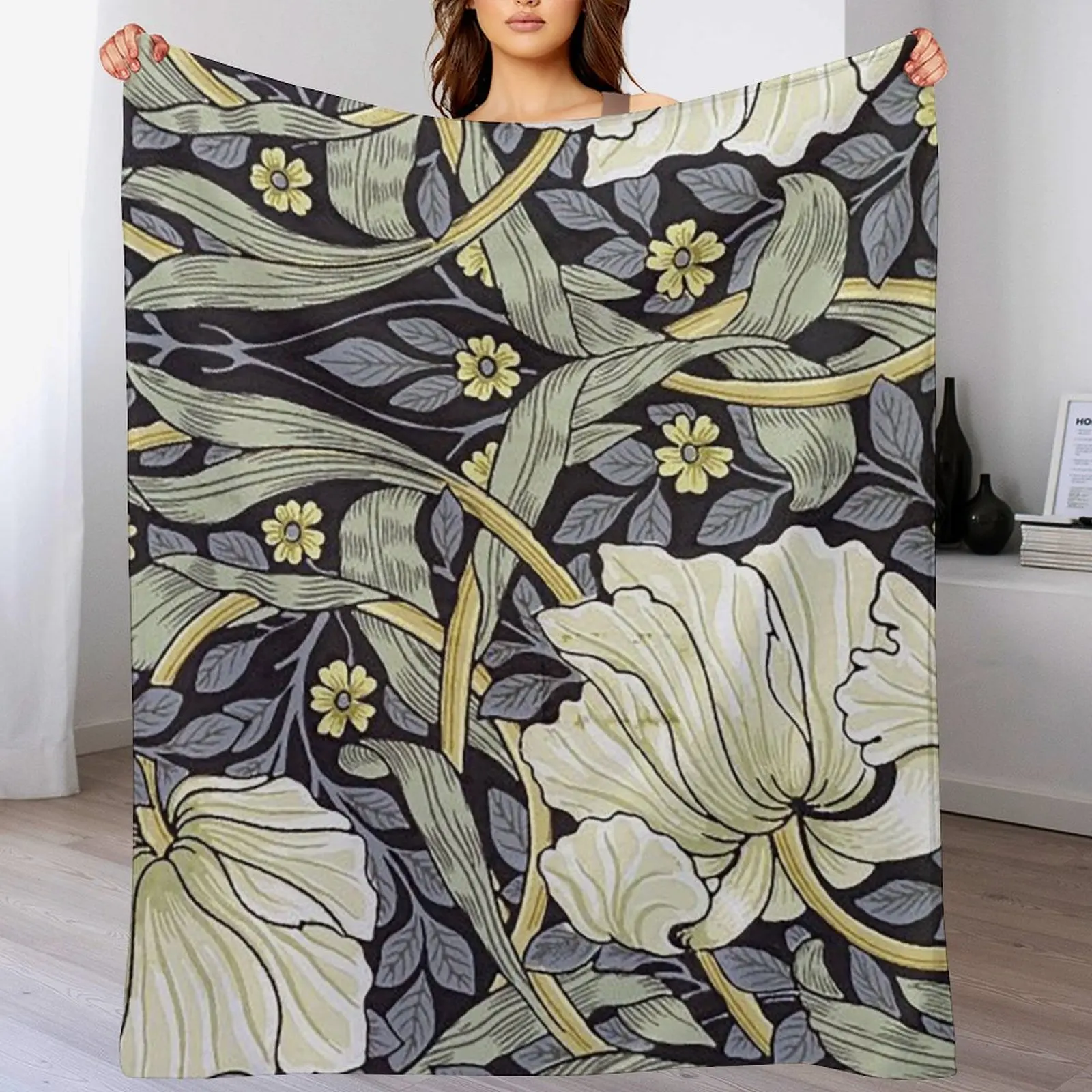 Grey Blue William Morris Pimpernel Exhibition Throw Blanket wednesday Decoratives Blankets