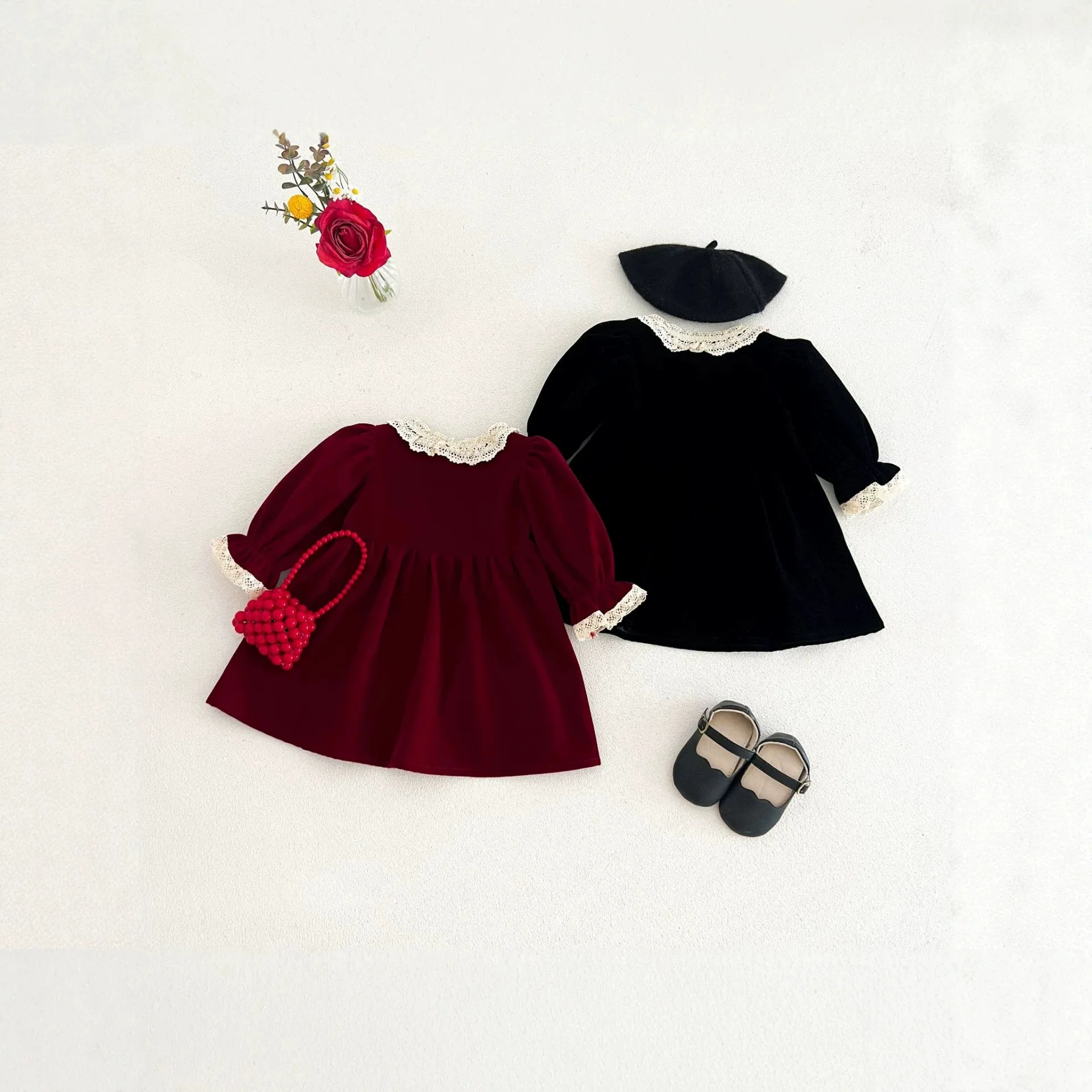 2026 New Fall Winter Girls Velvet Dress | Lace Collar Long Sleeve Princess Gown | Vintage Korean Party Dress