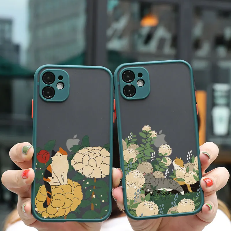 Fashion Cute flowers Cat Phone Case For iPhone 15 14 Pro Max 11 12 Pro 13 Pro Max 8 7 Plus SE2020 XS XR X Shockproof Back Covers