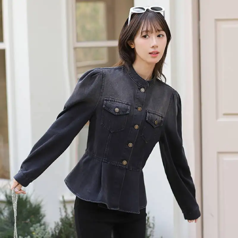 Vita sottile Ruffles Camicia di jeans Giacche Temperamento da donna Peplo Top Office Lady Cappotti di jeans 2025 Abiti primaverili con maniche a sbuffo