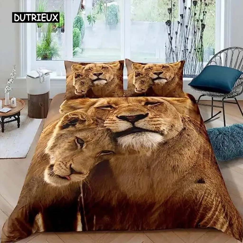 Wild Lion Couple  Duvet Cover King Size Gold King Queen  Comforter Cover Tropical African Animal Bedding Set  Valentine's Day