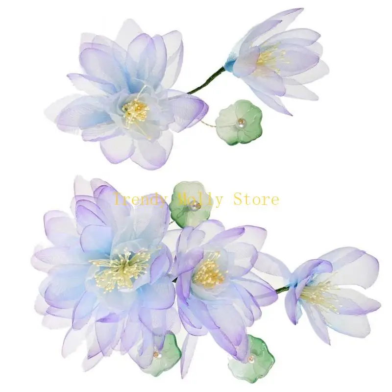 

N5KB Elegant Tulle Flower Hair Clip for Han Costume Chinese Side Hairclip Barrettes for Women Sidebangs Hair