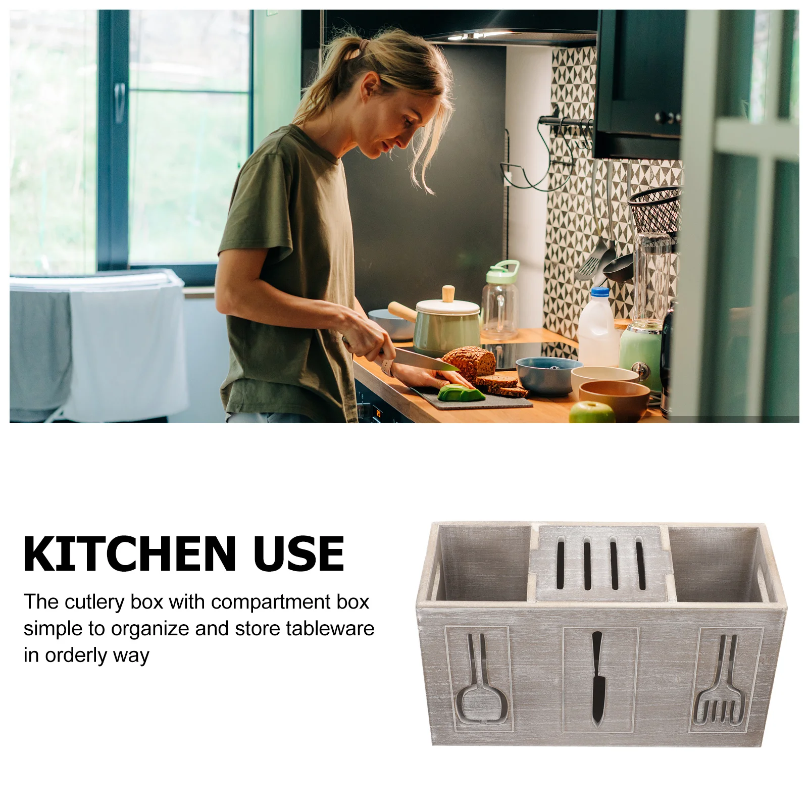 

Wooden Cutlery Box Vintage Tableware Storage Holder Compartment Kitchen Countertop Organizer For Fork Spoon