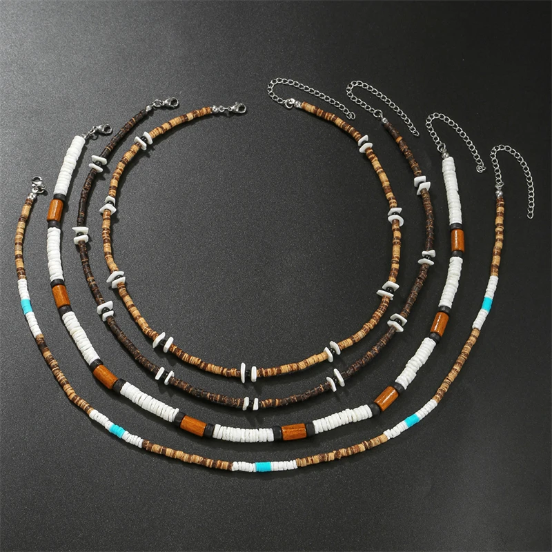 Vintage Ethnic Geometric Gravel Chain Clavicle Necklace Boho Coconut Shell Wood Bead Chain Necklace Men's Neck Jewelry view 6