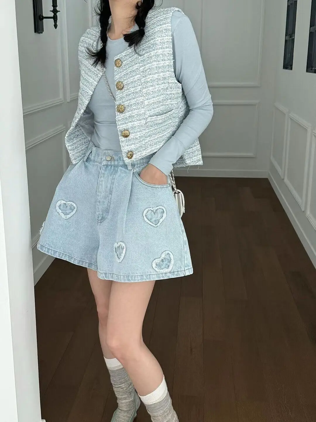 High Waist A-Line Wide Leg Short Jeans Women Summer Youthful Sweet Matchable Frayed Heart Splicing Slimming Hot Pants