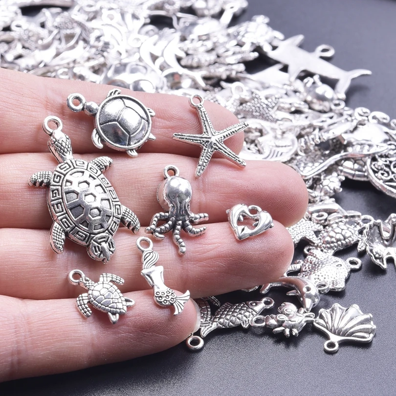 Random Mix Cute Marine Animal Octopus Tortoise Charms For Jewelry Making Supplies Bulk Handmade Fish Tail Starfish Shell Pendant