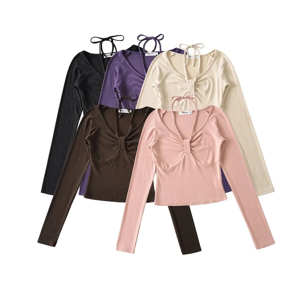 

Women's Pure Long-Sleeved T-shirt V-neck Pleated Slimming Base Top Korean Design Autumn Winter Waisted