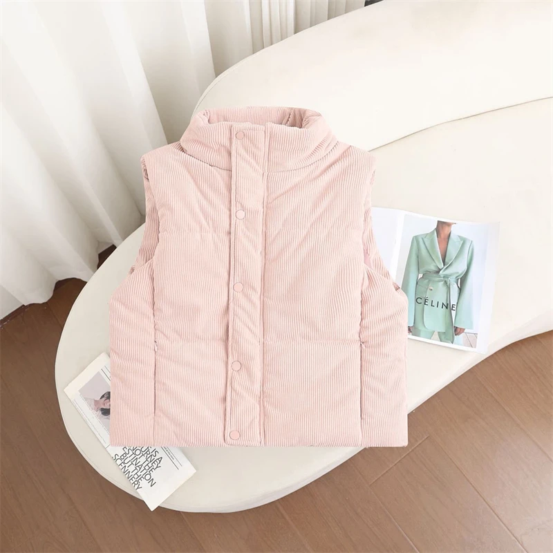

Corduroy Short Down Cotton Vest Women's Autumn Winter 2025 New Korean Stand Collar Sleeveless Loose Vest Off-season Waistcoat