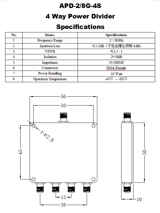 Power Divider Microstrip SMA Female One Minute Four 2-8GHZ/2000M-8000MHZ High Frequency Power Divider