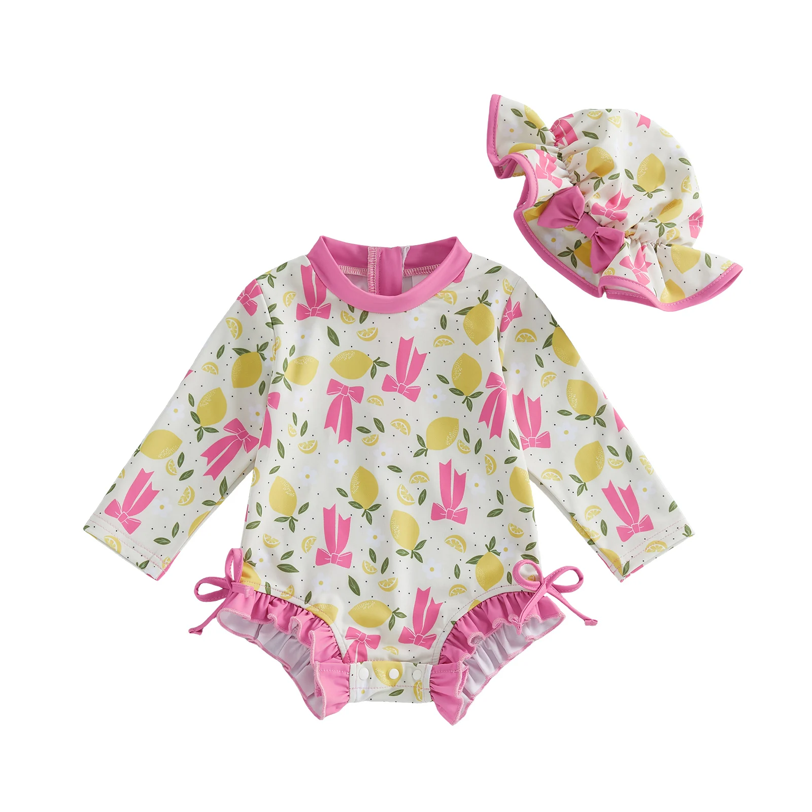 Zomer Baby Baby Meisje Badpak Set Citroen Strik Bloem Rash Guard Lange Mouw Rits Terug Badpak Cap Kleding Set