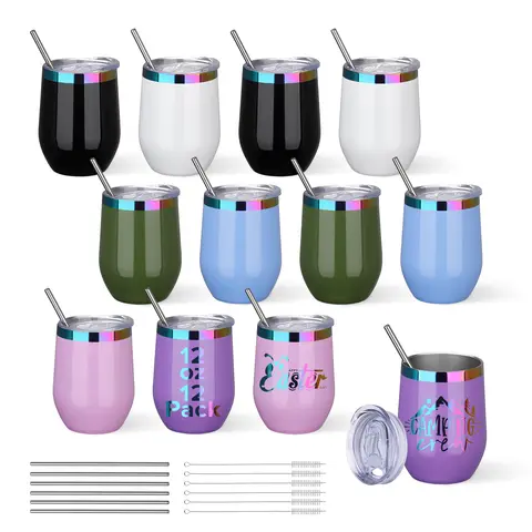 Paquete de 12 copas de vino al vacío de doble pared sin tallo aisladas de acero inoxidable con tapa de 12 oz, para regalos de grabado láser, 6 colores