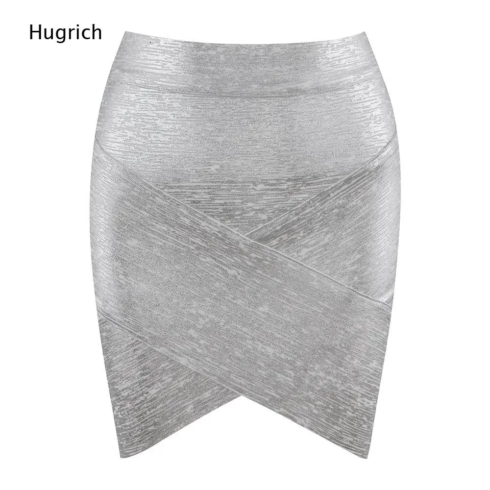 Metallic Silver Textured Stretch Mini Skirt High Waist Cross Over Front Irregular V Hem Slim Fit Daily Night Club Bottom Wear