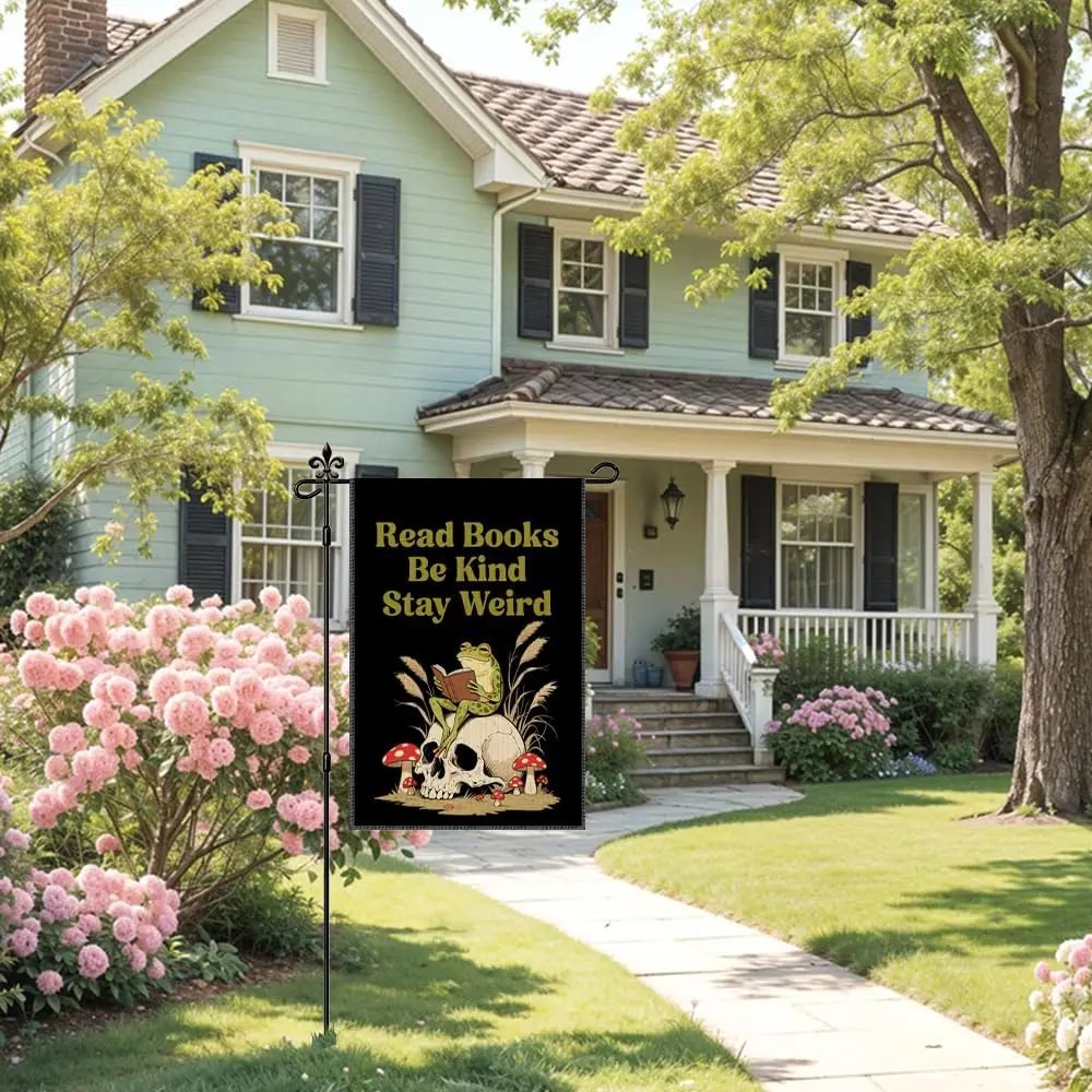 Read Books Be Kind Stay Weird Garden Flag Double Sided | Yard Outdoor Decor 12x18 Inch, Bookish Frog Outdoor Garden Flag, Ki llp