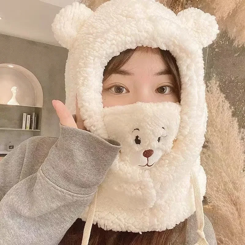 

Cute Bear Lamb Wool Scarf Mask Hat One-piece Student Winter Thickened Warm Wool Hats Mask Sets Hat Scarf with Ears Women's Hat