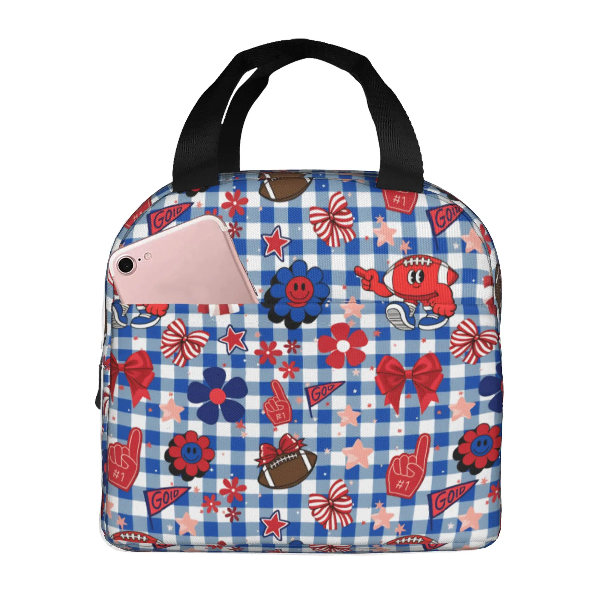 Gingham Plaid Rugby Union Cheer Bows Football Portable Lunch Boxes for Leakproof  Cooler Thermal Food Insulated Lunch Bag School