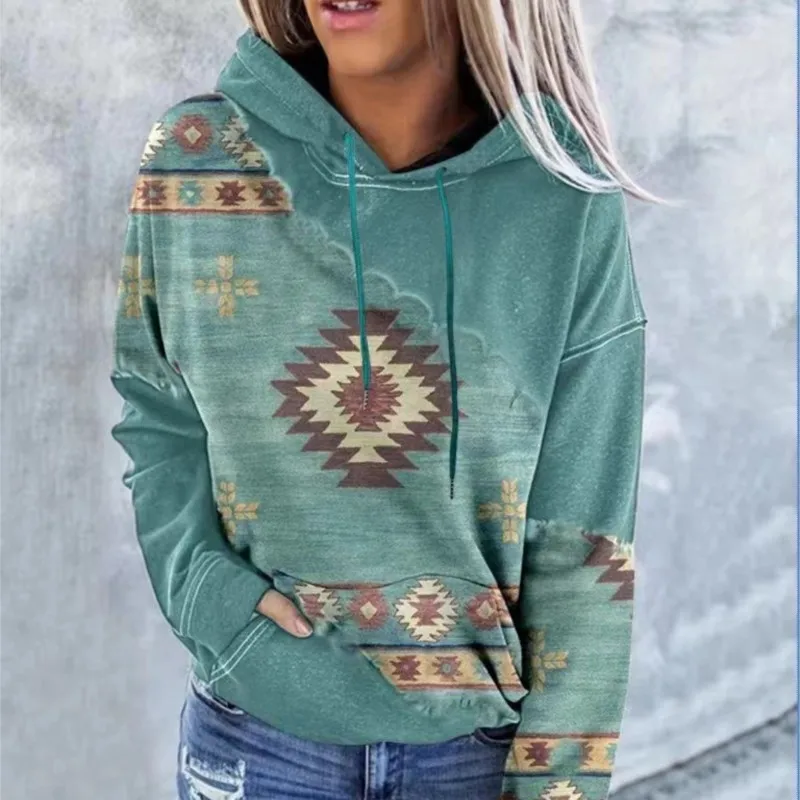 Women's Hoodies Vintage Boho Printed Hooded Sweatshirt 2024 Autumn Fashion Female Long Sleeved Drawstring Casual Loose Pullover