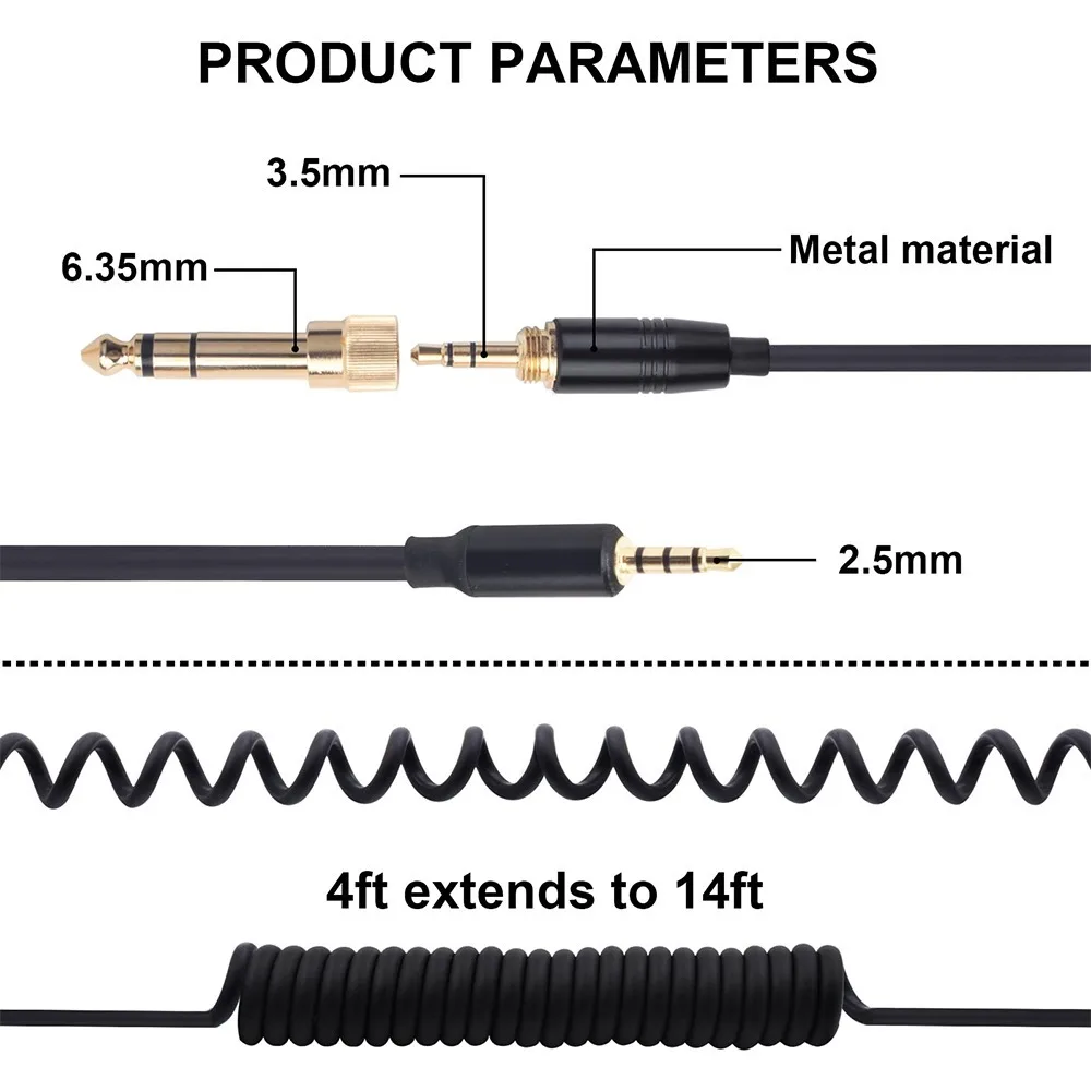 6.35mm Spring Coiled Replacement Cable Extension Cord For JBL Tune 600BTNC DUET NC BT 700BT 710BT 720BT 750BTNC Headphones