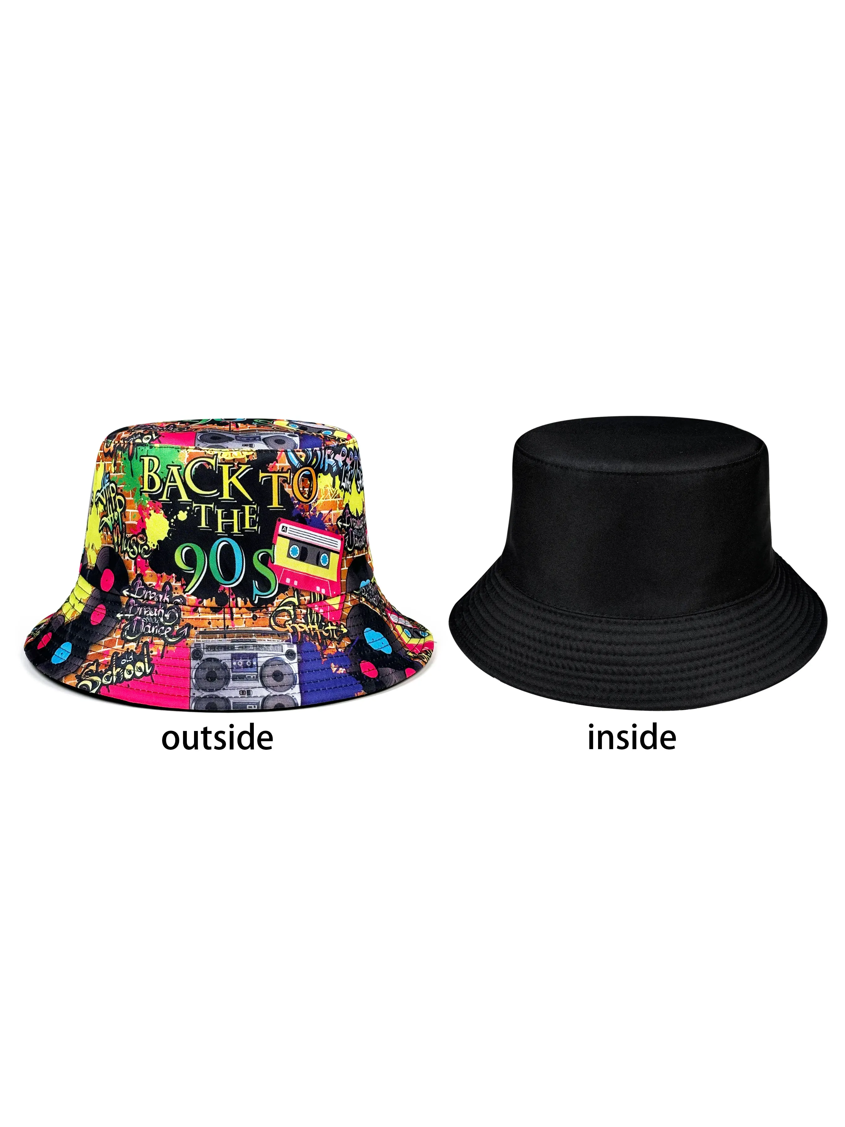 Modischer Retro-Graffiti 80er 90er Bucket Hat für Männer und Frauen, Lustiger Sommer-Frühling-Strand-Anglerhut, Packbarer Outdoor-Sonnenhut – Detail 10