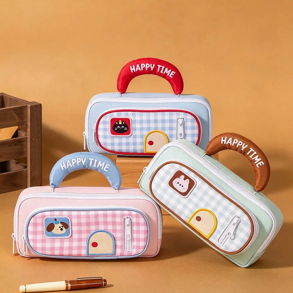 New Plaid Pencil Case Window Handheld Pen Case Cartoon Animal Fabric Stationery Bag Student Gifts