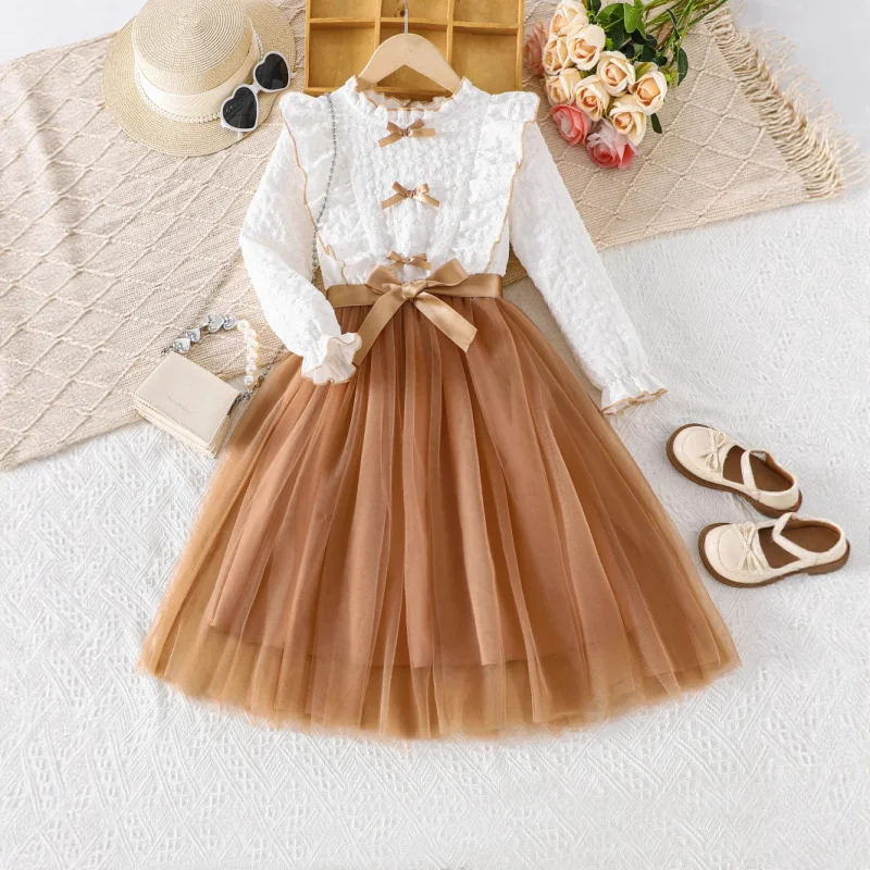 

New Spring and Autumn Long Sleeve Pullover Mesh Dress with Matching Belt for Big Kids, Birthday Dress, Princess Dress