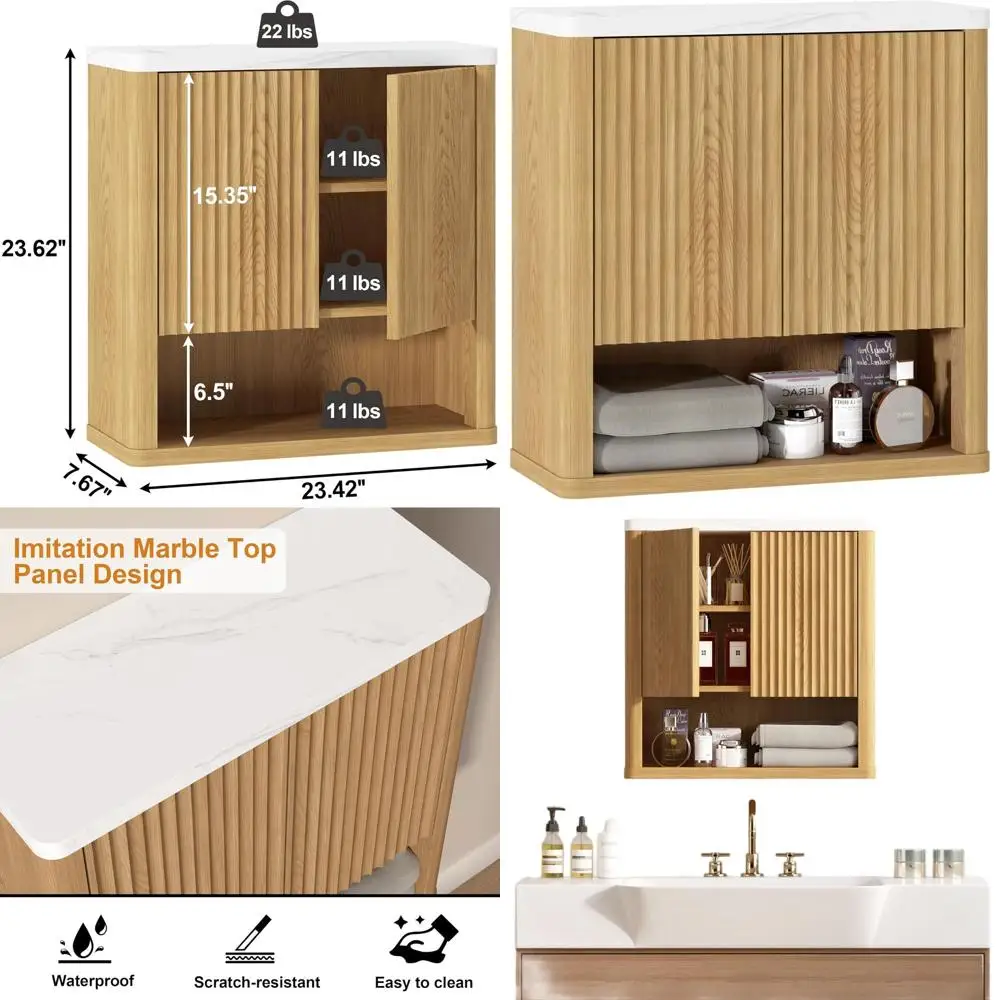 

Double Door Wall Cabinet with Adjustable Shelf, Faux Marble Top, Natural Oak Finish