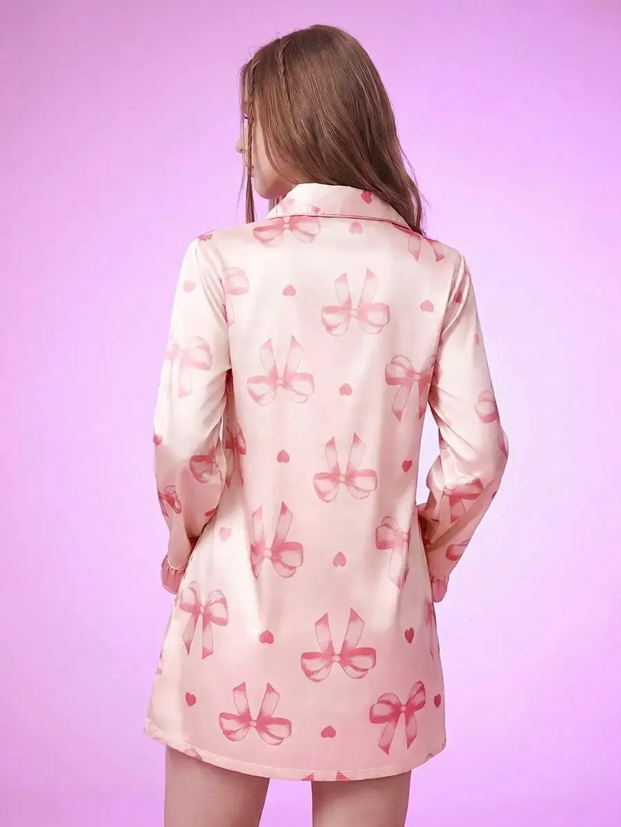 

Faux Silk Bow Print Collared Sleep Dress Luxe Loungewear