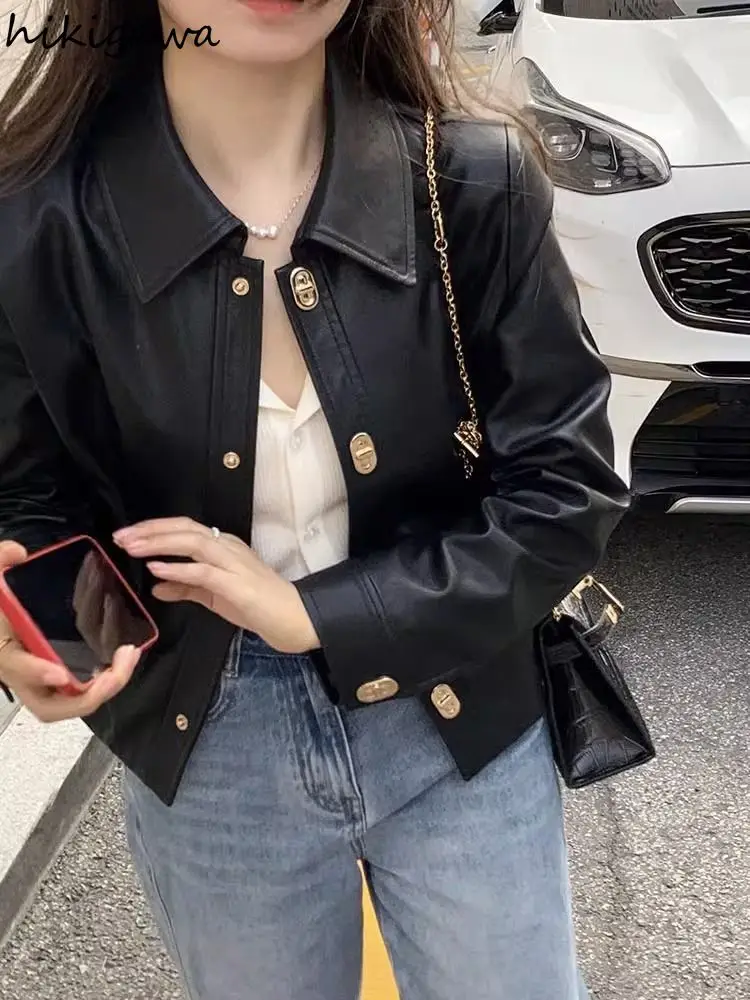 Black PU Leather Jackets Women\'s Clothing Long Sleeve Turndown Collar Streetwear Outwear Casual Fashion Harajuku Y2k Coats Tops