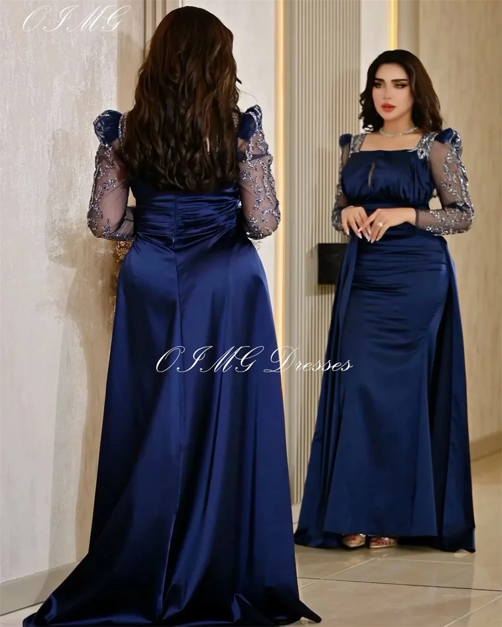 Cathy Square Collar Satin Wedding Dresses Detachable Train Mermaid  فساتين سهرة Elegant Sleeves Floor-length vestidos de fiesta