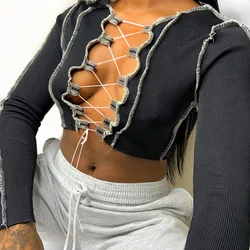 Sexy Hollow Out T-shirts Autumn winter Women Long Sleeve Crop Tops Striped Patchwork Drawstring Ribbed Bandage Fitness Clothes