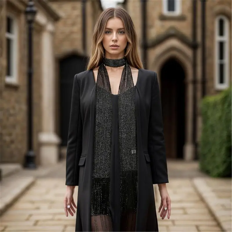 

652F Long Thin Scarf with Fringed Shimmering Neck Scarf Narrow Scarf for Women Formal Dinner Party Neckwear Fashion Accessory