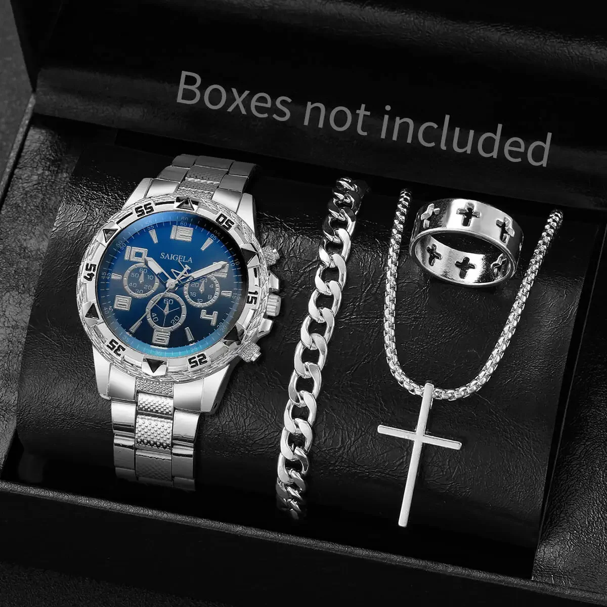 4PCS/Set Fashion Mens Stainless Steel Watches Luxury Quartz Wristwatch Jewelry Set Relogio Masculino（Box Not Included ）