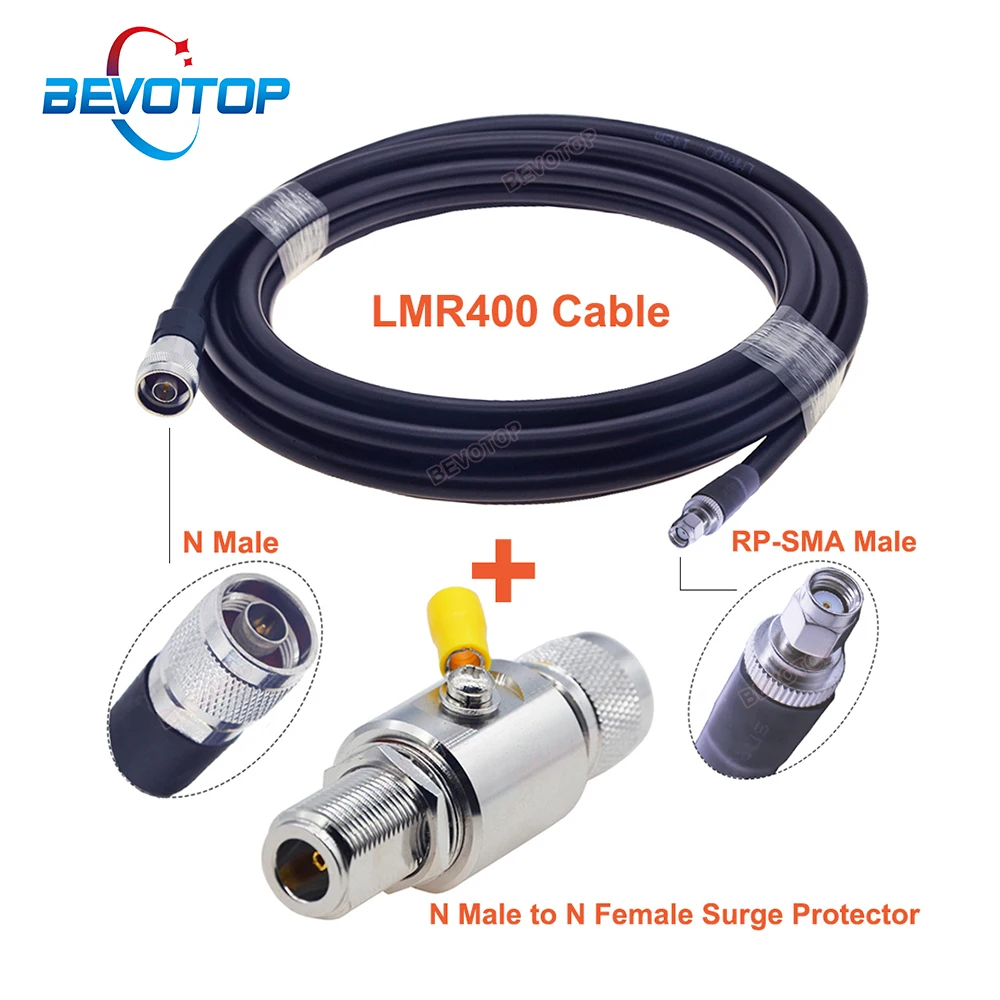 BEVOTOP N Type Coaxial Lightning Arrester N Male to N Female Surge Protector With N Male to RP-SMA Male Low Loss LMR400 Cable