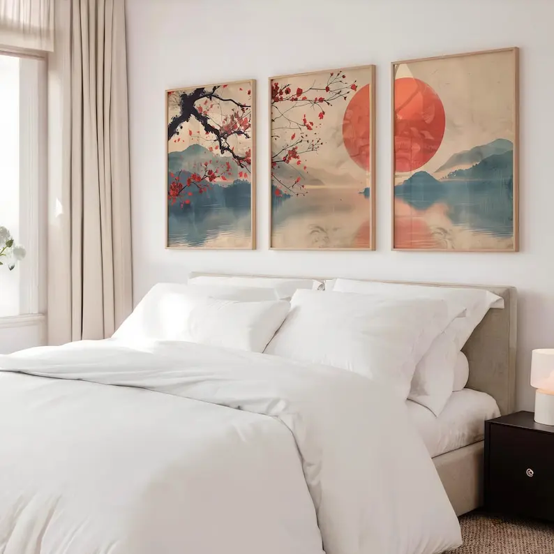 3pcs Minimalist Japanese Landscape Canvas Wall Art, Framless Zen Japandi Wall Art Posters for Living Room and Bedroom Decortions